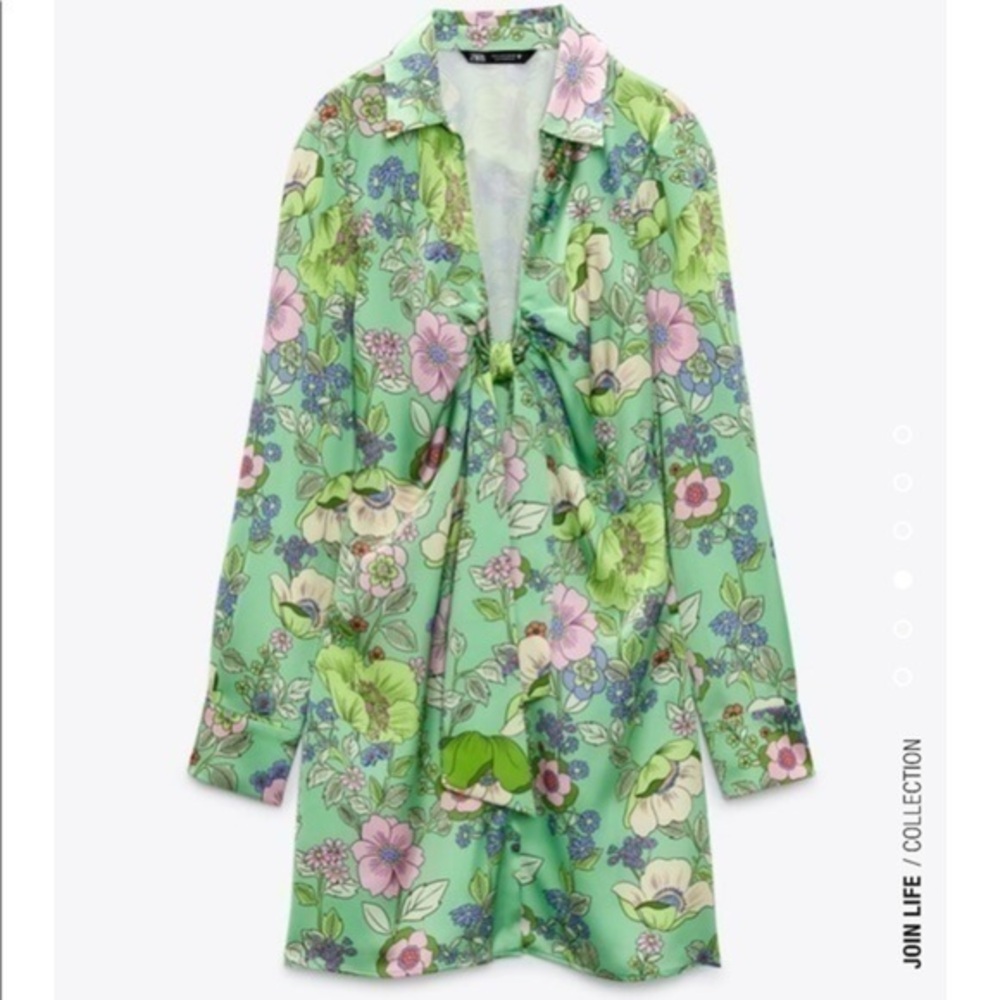 New Zara | Green Floral Print Satin Effect Button Up Long Sleeve Dress